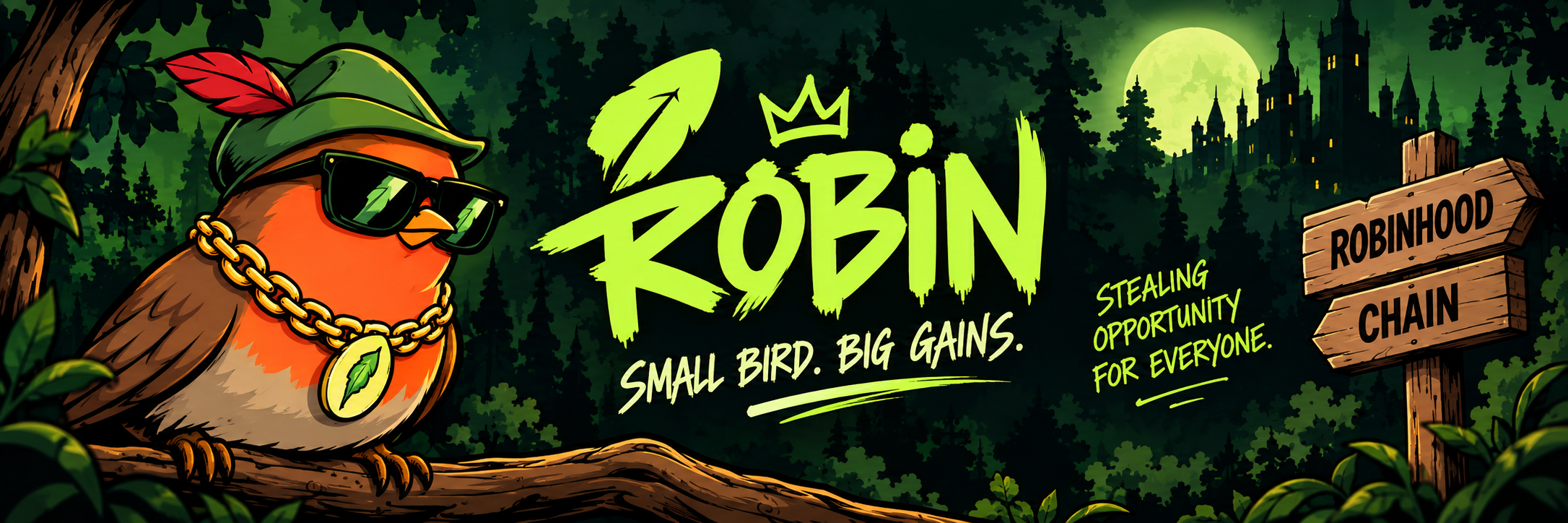 Robin perched on a branch in a moonlit forest beside a Robinhood Chain signpost